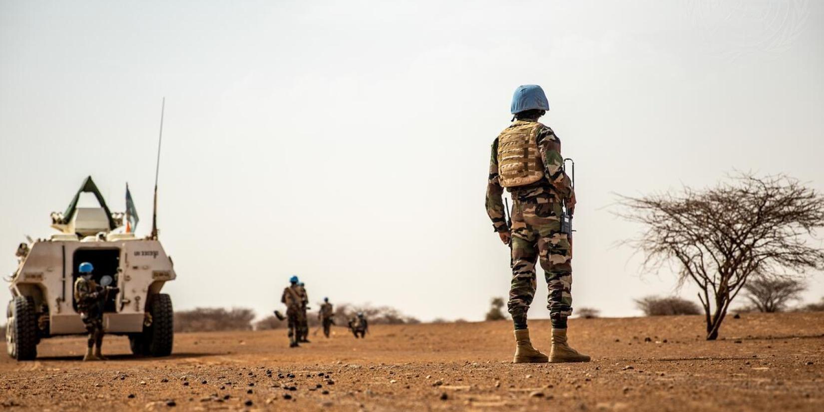 Blue helmets of the UN peacekeeping mission MINUSMA stand next to a white armoured vehicle in a barren, sandy landscape in Mali.
